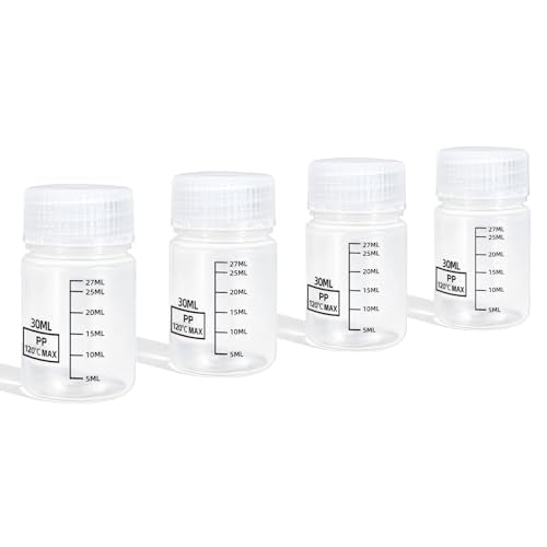 DEMORA Plastic Bottles with Airtight Caps 1oz/30ml, Food Grade Wide Mouth Liquid Containers, Reusable PP Graduated Measuring Bottles for Water Sample Lab Reagent Liquids Mixing (Clear, 4 Pcs)