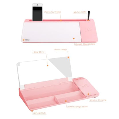 SELEAD Desktop Glass Whiteboard with Wireless Charger and Mirror, Pink - color: Pink, size: 16"x7"