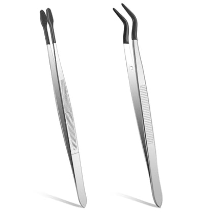 Rubber Tipped Tweezers, 2 Pcs PVC Coated Precision Tweezers Hobby Craft Tweezers Set, Long Bent and Straight Flat Tip Tweezers for Crafts Stamps Coin Beads Jewelry Industrial Electronic Lab (Black) - color: Black