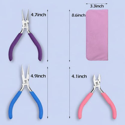 Jewelry Pliers Set, 3-Piece Mini Jewelry Making Tools with Round Nose, Chain Nose Pliers and Wire Cutter, Cr-V Steel Beading and Wire Wrapping Kit with Pink Carrying Pouch