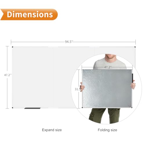 VIZ-PRO Large Magnetic Whiteboard, 96 x 48 Inches, Foldable Dry Erase Board - size: 95"W x 47"H