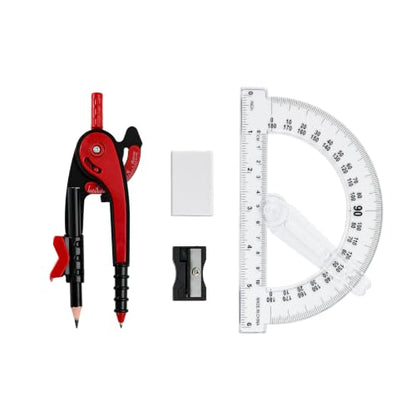 Unjoo Compass and Protractor Set, 6 Inch Protractor with Swing Arm (Red) - color: Red