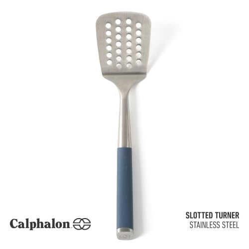 Calphalon Slotted Turner, Kitchen Flipping Spatula, Slotted Spatula, Stainless Steel Turner with Silicone Heat Resistance Handle, Nonstick-Safe Spatula for Draining and Flipping (Navy) - color: Navy Blue I, size: Slotted Turner