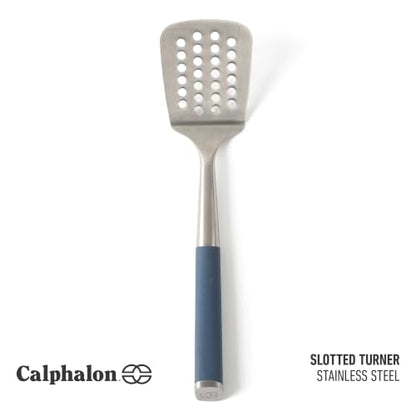Calphalon Slotted Turner, Kitchen Flipping Spatula, Slotted Spatula, Stainless Steel Turner with Silicone Heat Resistance Handle, Nonstick-Safe Spatula for Draining and Flipping (Navy) - color: Navy Blue I, size: Slotted Turner