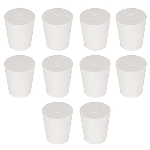 Labasics 10PK 3# Solid Rubber Stoppers - Size: 0.67" Bottle, 0.91" Top, 1.02" Length - White Tapered Lab Seal Rubber Stoppers - size: 3#