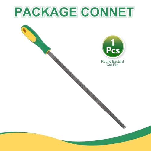 HARFINGTON 12" Round Coarse Cut File Double Cut Teeth Coarse Metal File High Carbon Steel T12 with Plastic Handle for Metal Wood Finishing Roughing, Grey/Yellow-Green - size: 12", style: Coarse Cut