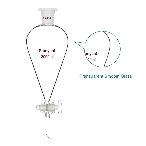 stonylab Separatory Funnel with Glass Stopcock Valve, Borosilicate Glass 24/29 Joint Funnel for Laboratory Accurate Liquid Separation, 2000 ml