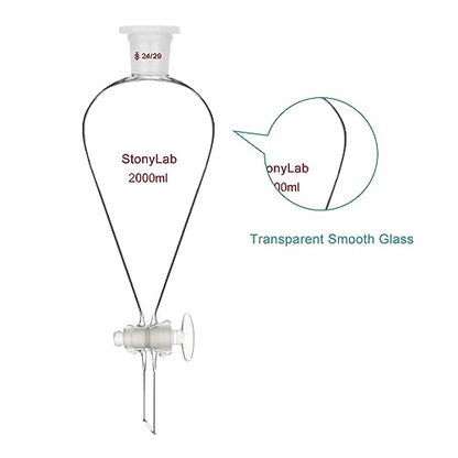 stonylab Separatory Funnel with Glass Stopcock Valve, Borosilicate Glass 24/29 Joint Funnel for Laboratory Accurate Liquid Separation, 2000 ml