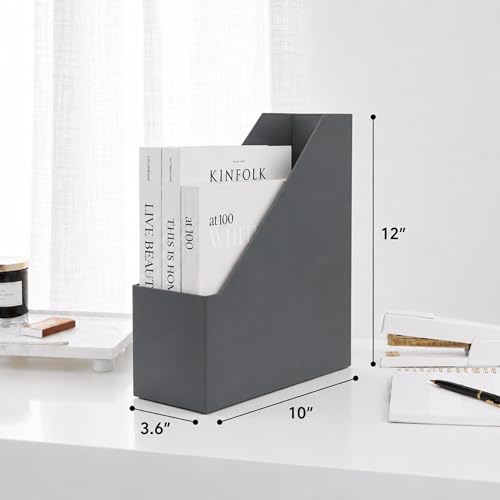 BLU MONACO | Set of 6 Foldable Grey Magazine File Holders with Gold Label Holders | Vertical File Organizer Boxes for Desk, Bookshelf & Home Office Storage - color: Grey