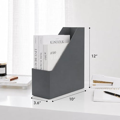 BLU MONACO | Set of 6 Foldable Grey Magazine File Holders with Gold Label Holders | Vertical File Organizer Boxes for Desk, Bookshelf & Home Office Storage - color: Grey
