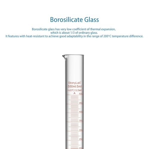 stonylab Class A Graduated Cylinder, 500 ml Borosilicate Glass High Precision Measuring Cylinder with Clear Scale and Stable Base for Laboratory Liquid Measurement - size: 500 ml
