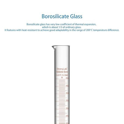 stonylab Class A Graduated Cylinder, 500 ml Borosilicate Glass High Precision Measuring Cylinder with Clear Scale and Stable Base for Laboratory Liquid Measurement - size: 500 ml
