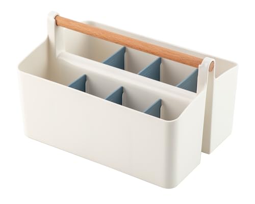 Vidifor Large Portable Basket with Handle, Plastic Craft Storage Organizer Caddy Tote with Adjustable Divided for Makeup Art Supplies, Sewing, Colored Pencils-Blue - color: White+Blue