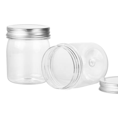 8 Ounce Clear Plastic Mason Jars With Screw On Lid, Reusable Empty Jars for Food Storage, Round BPA Free Containers for Sealing, Dry Food, Snacks, Candies, Breakage-proof, (Silver - 32 Pack)