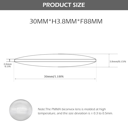 Double Convex Lens - 30mm Diameter, 88mm Focal Length, Optical biconvex Lens for Physics Experiments, Photography, Magnifying, and DIY Projects - Pack of 5pcs (30mm x H3.8mm x F88) - size: 30mm x H3.8mm x F88
