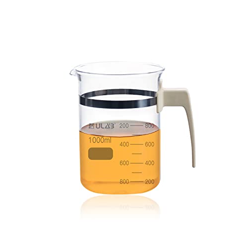 ULAB Glass Beaker with Handle, Vol. 1000ml, 3.3 Borosilicate Griffin Low Form with Printed Graduation, Double Scale, UBG1051 - style: Vol.1000ml with handle