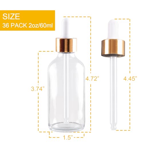 36 Pack 2oz Clear Glass Dropper Bottles, 60ml Glass Eye Dropper Bottles for Essential Oils, Perfumes, Laboratory Use (Gold & dropper, 2oz-36Pack) - color: Gold & Dropper, size: 2oz-36Pack