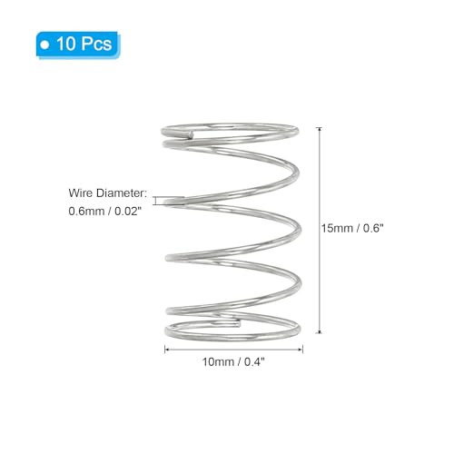 PATIKIL Compression Spring, 0.6mm Wire Dia x 10mm OD x 15mm L, 10 Pcs 304 Stainless Steel Mechanical Extension Small Springs Pen Springs Assortment Kit for Shop and Home Repairs - size: 0.6x10x15mm