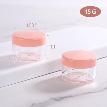 Refillable Cosmetic Sample Jars - 100 Pack 15g (0.5oz) Pink Small Travel Containers with Lids + 10 Mini Makeup Spatulas - BPA Free - color: Pink, size: 15g (100 Count)