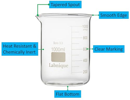 Labnique Borosilicate 3.3 Glass Griffin Beaker, Low Form Beaker with Printed Graduation (1000ml x6) - size: 1000ml x6