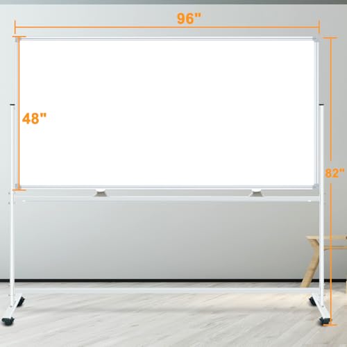 Large Rolling Whiteboard on Wheels 96"x48", Double-Sided Mobile Whiteboard - color: Silver, size: 96"W x 48"H