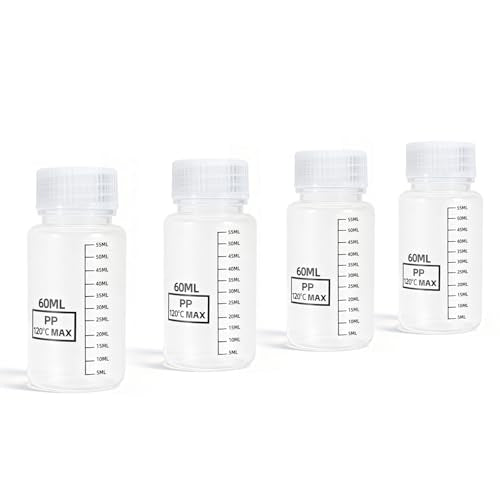 DEMORA Plastic Bottles with Airtight Caps 2oz/60ml, Food Grade Wide Mouth Liquid Containers, Reusable PP Graduated Measuring Bottles for Water Sample Lab Reagent Liquids Mixing (Clear, 4 Pcs)