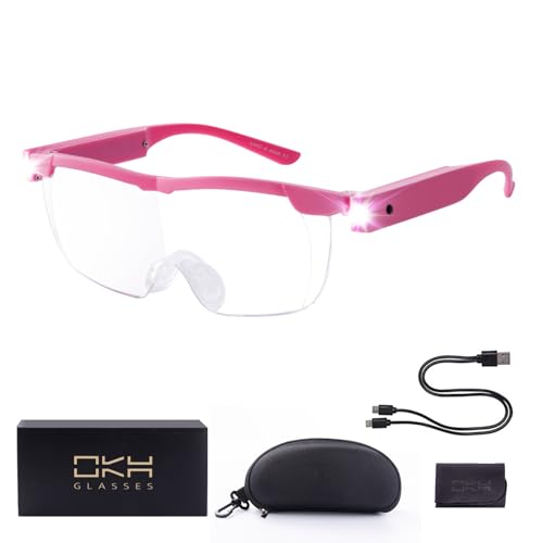 OKH 200% Magnifying Glass with Light, Rechargeable Lighted Magnifying Glass, Jewelry Magnifier with 2 LED Lights, Pink Magnifying Glasses for Close Work Reading Crafts Jewelry - color: Pink, size: 2.0x