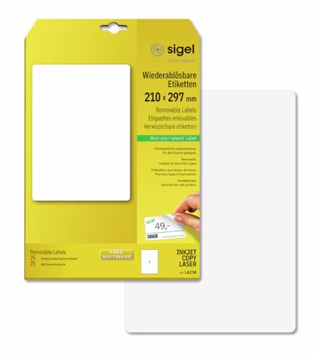 Sigel LA230 Removable Labels, 8.27 x 11.69 inches, White, 25 Labels - style: format 21 x 29,7 cm