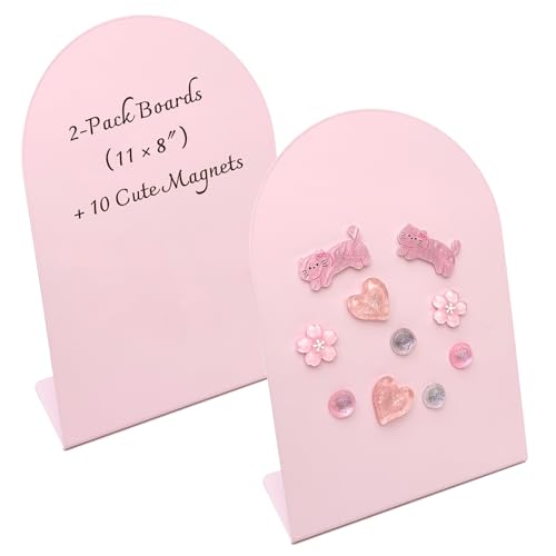 Pink Magnet Display Board for Desk, 2 Pack 11×8 Inch Arch Metal Magnetic Display Board with Stand, Memo & Photo Display, 10 Magnets Included, Cute Desk Decor for Girls, Home & Dorm