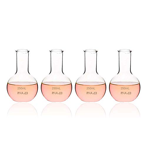 ULAB Boiling Flask of Flat Bottom Set, 4pcs of Vol.250ml, Borosilicate 3.3 Glass Material, UBF1009