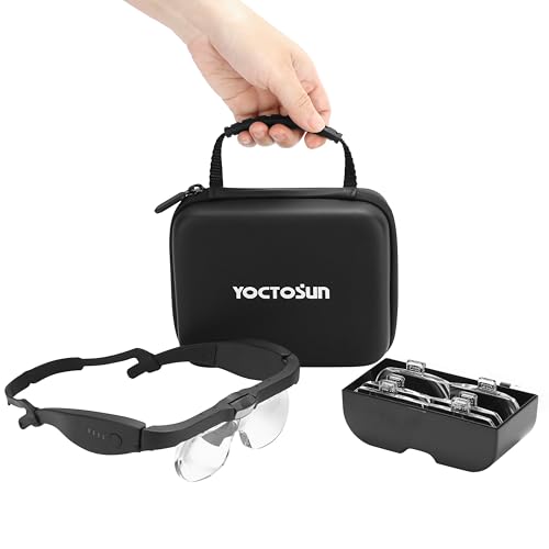YOCTOSUN Magnifying Headset with 3 LED Lights, Storage Case, Head Strap and 4 Detachable Lense 1.5X, 2.5X, 3.5X, 5X, Magnifying Glasses for Close Work, Jewelry, Hobby, Crafts