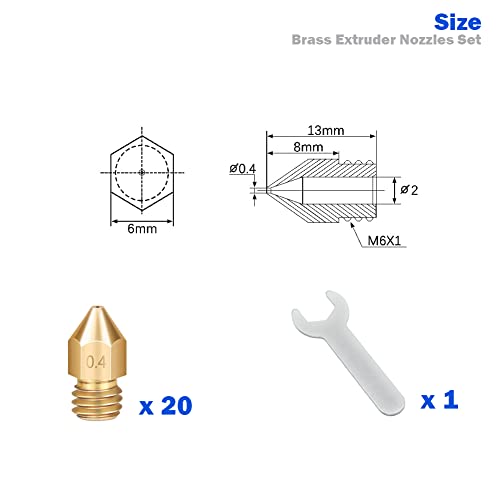 Lokkr 3D Printer Brass Extruder Nozzles Set, 20PCS Brass MK8 Nozzles (0.2MMx2 0.3MMx2 0.4MMx8 0.5MMx2 0.6MMx2 0.8MMx2 1MMx2) with Wrench for Makerbot, E3D, Creality CR-10/Ender 3/3 V2/3 S1/5, Prusa i3 - style: 0.4mm Brass Extruder Nozzles Set
