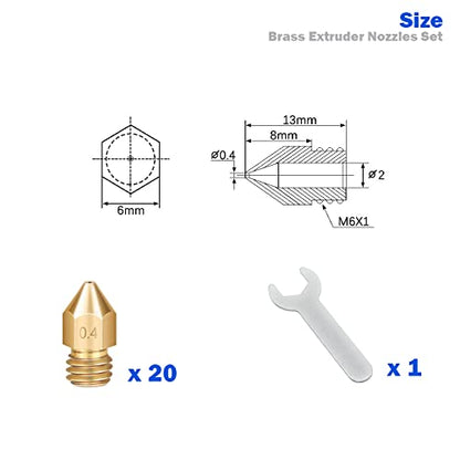 Lokkr 3D Printer Brass Extruder Nozzles Set, 20PCS Brass MK8 Nozzles (0.2MMx2 0.3MMx2 0.4MMx8 0.5MMx2 0.6MMx2 0.8MMx2 1MMx2) with Wrench for Makerbot, E3D, Creality CR-10/Ender 3/3 V2/3 S1/5, Prusa i3 - style: 0.4mm Brass Extruder Nozzles Set