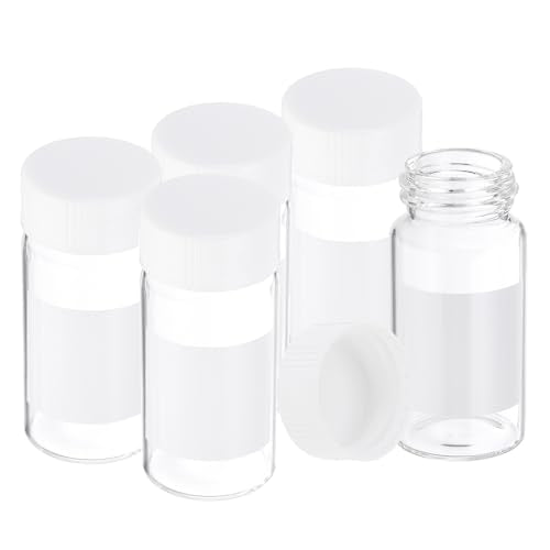 PATIKIL Small Glass Sample Bottles with Lids, 5 Pcs 20ml Clear Glass Vials with White Screw Caps Mini Leak Proof Reagent Sealed Bottles with Writing Label for Solid Liquid Powder Storage - color: White/Clear, size: 20ml