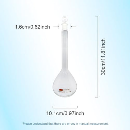 1pcs 5/10/20/25/50/200/500/1000ml Class A Borosilicate Glass Lab Clear Volumetric Flask with Head Stopper (500ml) - size: 500ml