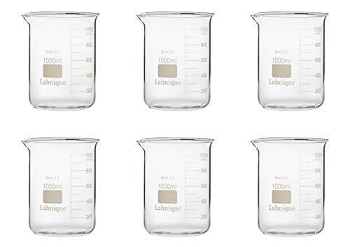Labnique Borosilicate 3.3 Glass Griffin Beaker, Low Form Beaker with Printed Graduation (1000ml x6) - size: 1000ml x6