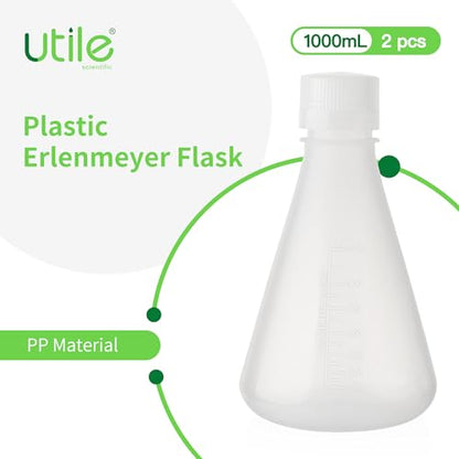 Utile Plastic Erlenmeyer Flask Set with Screw Caps，2pcs of Vol.1000ml Scientific Conical Flask Laboratory Flask, with Molded Graduations, 4023.0681.2 - size: 2 pcs of 1000ml