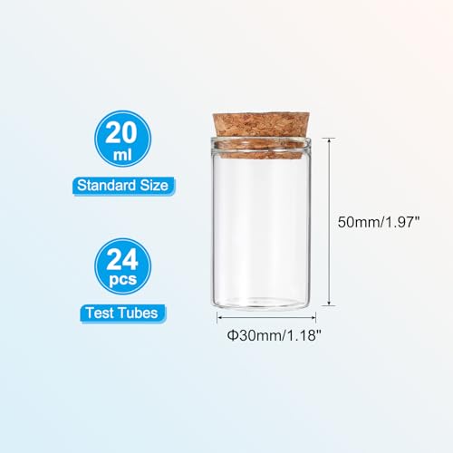 PATIKIL 20ml Test Tubes, 24pcs 1.97x1.18 Glass Clear Flat Bottom Test Tube Containers with Cork Stopper for Bead Party Candy Bath Salt Storage Scientific Experiment Plant Propagation - size: 20ml
