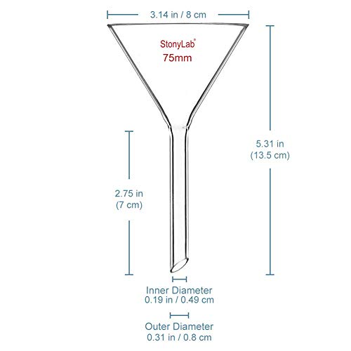 stonylab 1-Pack Glass Funnel, Heavy Wall Borosilicate Glass Funnel, 75mm Diameter and 75mm Stem Length - size: 75mm Diameter and 75mm Stem