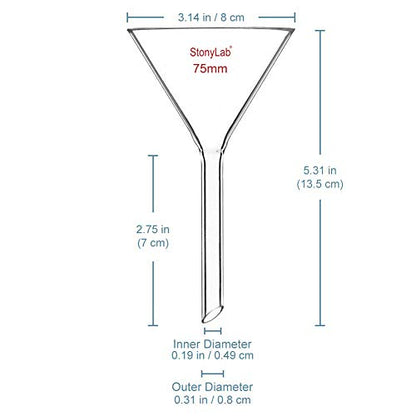 stonylab 1-Pack Glass Funnel, Heavy Wall Borosilicate Glass Funnel, 75mm Diameter and 75mm Stem Length - size: 75mm Diameter and 75mm Stem