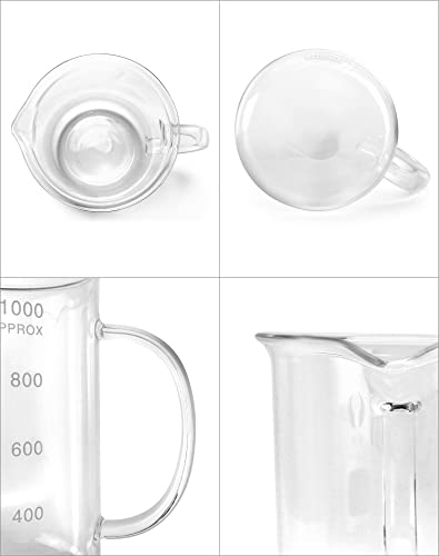 QWORK Beaker with Handle, 1000ml/33.81oz, Measuring Cup, Borosilicate Glass, Beaker Mug with Pouring Spout, 2 Pack
