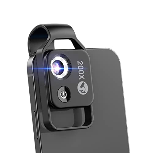 200X Phone Mini Pocket Microscope with LED Light/Universal Clip, Nano Zoom Portable Digital Microscope Camera Attachments for 99% Smartphone, Microworld for Kids Adults(Black 200X with CPL)