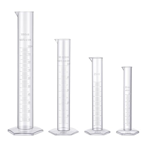 Plastic Graduated Measuring Cylinder Set with Hexagonal Base, 4 Sizes 100ml 50ml 25ml 10ml Plastic Lab Cylinders Transparent Laboratory Test Tubes for Science Experiments