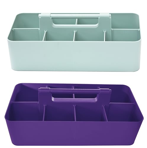Portable Caddy Organizer -2 Stackable Plastic Caddy with Handle | Desk, Makeup, Dorm Caddy, Classroom Art Organizers (Made In Usa) (Mint/Royal Purple) - color: Mint / Royal Purple