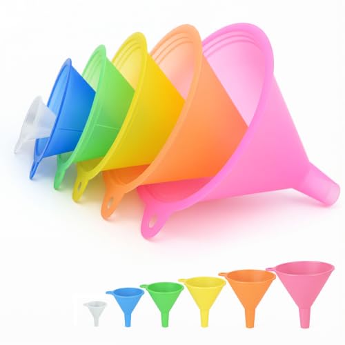 6Pcs All Purpose Plastic Funnel Set, Round Kitchen Funnels, Small to Large Multifunctional Funnels for Liquid Spices Powder Mini Tiny Funnel for Filling Small Bottles Cosmetic Lotion Essential Oil