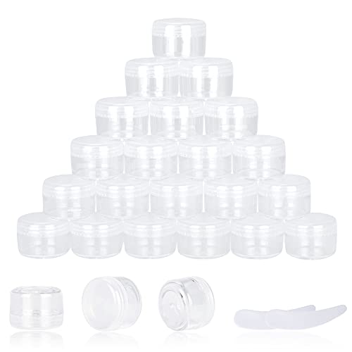 25PCS 5 Gram Sample Containers, 5ml Empty Jars with Lids, Small Cosmetic Containers, Mini Sample Jars with 2PCS Mini Spatulas for Make Up, Oils, Lotion, Powder, Paint, Jewelry, Lip Balms(Clear Lid) - color: Clear, size: 25 Count