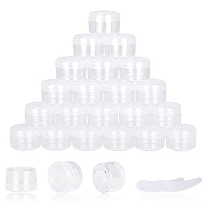 25PCS 5 Gram Sample Containers, 5ml Empty Jars with Lids, Small Cosmetic Containers, Mini Sample Jars with 2PCS Mini Spatulas for Make Up, Oils, Lotion, Powder, Paint, Jewelry, Lip Balms(Clear Lid) - color: Clear, size: 25 Count