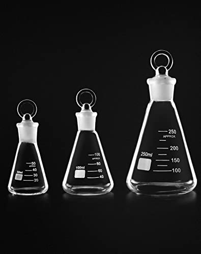 QWORK Borosilicate 3.3 Glass Erlenmeyer Flask Set (50, 100 and 250ml), 3 x Graduated Conical Flask with Glass Stopper for Lab, Experiment, Chemistry - color: 1 Set