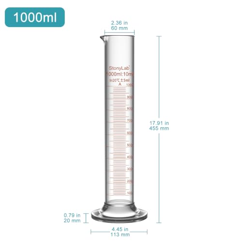 stonylab Class A Graduated Cylinder, 1000 ml Borosilicate Glass High Precision Measuring Cylinder with Clear Scale and Stable Base for Laboratory Liquid Measurement - size: 1000 ml