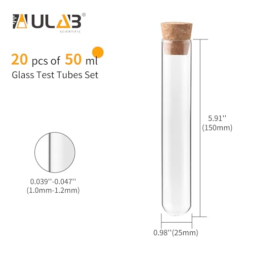 ULAB Scientific 20pcs 50ml Round Bottom Glass Test Tubes Set, 3.3 Borosilicate Glass, Dia.25x150mm, Packed with Stoppers, UTT1026 - style: 20pcs 50ml Glass Test Tubes with Stopper